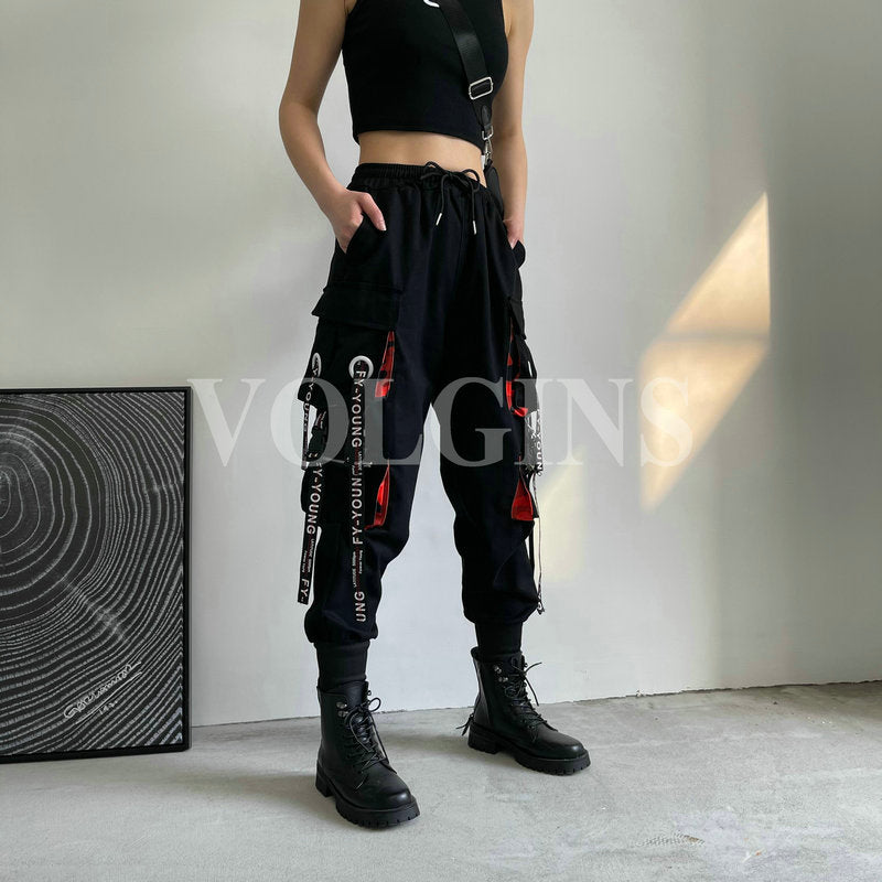 Women&#39;s Cargo Pants Ribbon Pocket Jogger Elastic Waist High Streetwear Harajuku Pant Punk Cotton Females Trousers 2022 New Women&#39;s Cargo Pants Ribbon Pocket Jogger Elastic Waist High Streetwear Harajuku Pant Punk Cotton Females Trousers 2022 New Foreverking