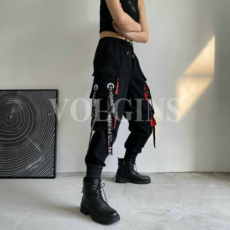 Women&#39;s Cargo Pants Ribbon Pocket Jogger Elastic Waist High Streetwear Harajuku Pant Punk Cotton Females Trousers 2022 New Women&#39;s Cargo Pants Ribbon Pocket Jogger Elastic Waist High Streetwear Harajuku Pant Punk Cotton Females Trousers 2022 New Foreverking