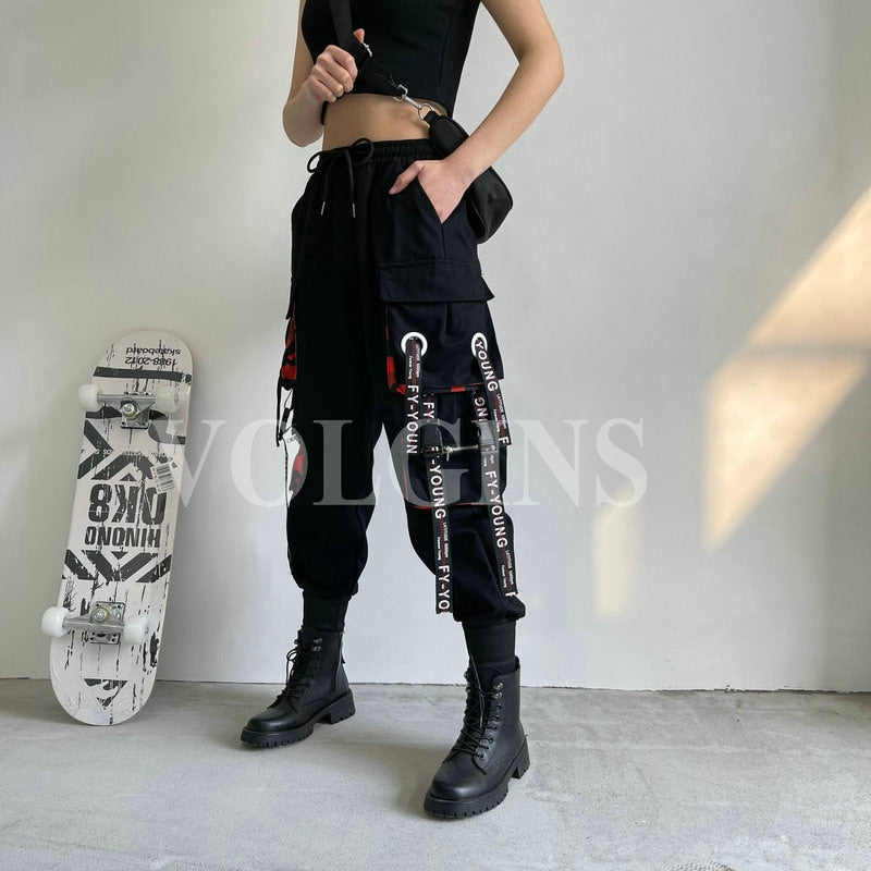 Women&#39;s Cargo Pants Ribbon Pocket Jogger Elastic Waist High Streetwear Harajuku Pant Punk Cotton Females Trousers 2022 New Women&#39;s Cargo Pants Ribbon Pocket Jogger Elastic Waist High Streetwear Harajuku Pant Punk Cotton Females Trousers 2022 New Foreverking