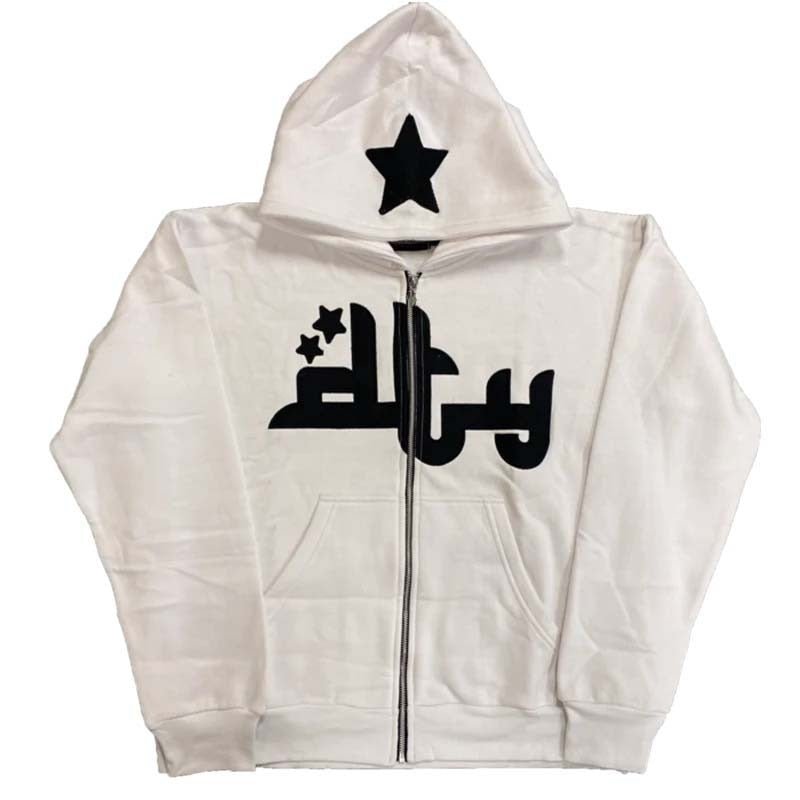 Star Letter Print Hoodie Men Retro Zip Up Long Sleeve Loose Jacket Coats Harajuku Casual Gothic Hooded Sweatshirt Y2K Streetwear Foreverking