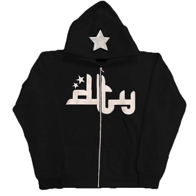 Star Letter Print Hoodie Men Retro Zip Up Long Sleeve Loose Jacket Coats Harajuku Casual Gothic Hooded Sweatshirt Y2K Streetwear Foreverking