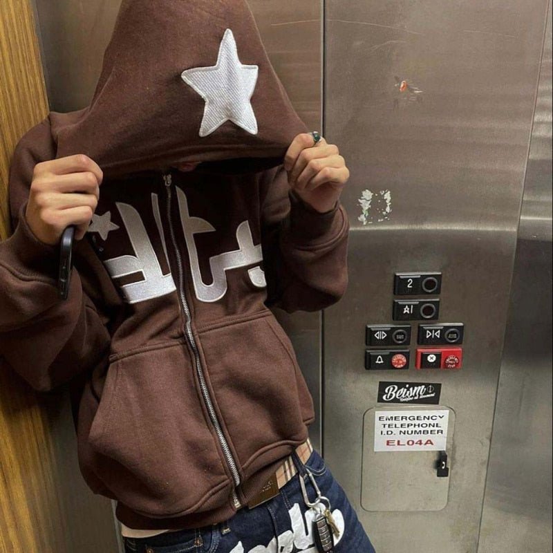 Star Letter Print Hoodie Men Retro Zip Up Long Sleeve Loose Jacket Coats Harajuku Casual Gothic Hooded Sweatshirt Y2K Streetwear Foreverking