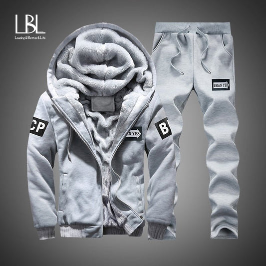 Winter Inner Fleece Hoodies Men 2022 Casual Hooded Warm Sweatshirts Male Thicken Tracksuit 2PC Jacket+Pants freeshipping - Foreverking