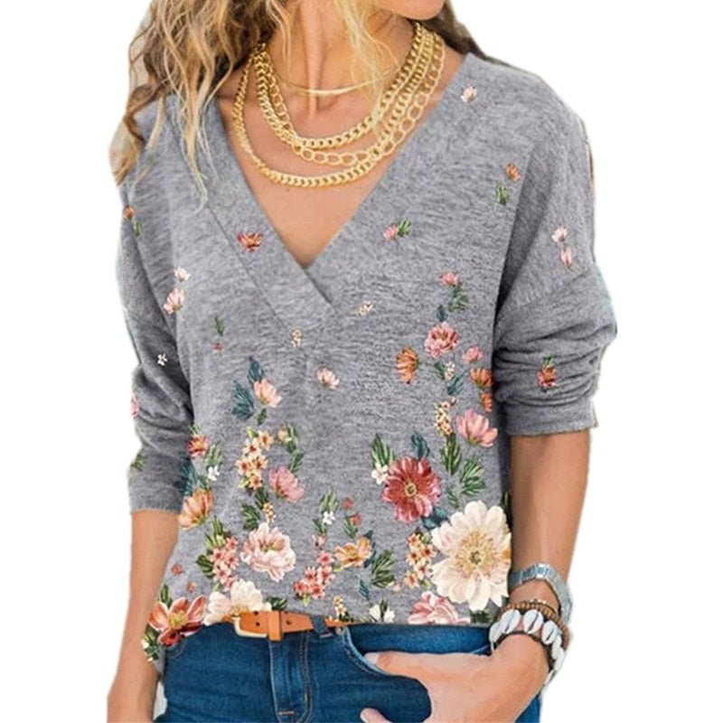 Autumn and Winter New Fashion Women V-neck Flower Print Long-sleeved Casual Loose T-shirt Plus Size freeshipping - Foreverking