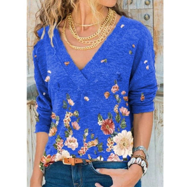 Autumn and Winter New Fashion Women V-neck Flower Print Long-sleeved Casual Loose T-shirt Plus Size freeshipping - Foreverking