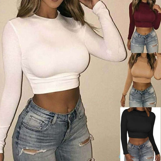 Women Sexy Bodycon T Shirt Autunmn Women Long Sleeve O-neck Crop Top Modis Sheath T Shirt Fashion Autumn Solid Tops freeshipping - Foreverking