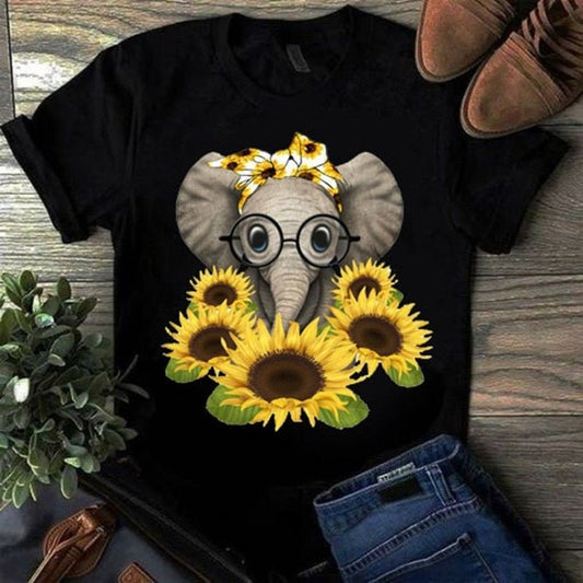 Cartoon Sunflower Elephant Print T Shirt Women Short Sleeve O Neck Loose Tshirt Summer Women Tee Shirt Tops Camisetas Mujer freeshipping - Foreverking