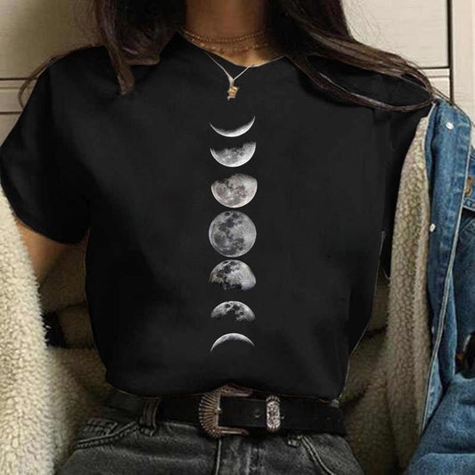 Maycaur New Funny Moon Print T Shirt Women White and Black Shirts Fashion Round Neck Short Sleeve T-Shirt Summer Tees Casual Top freeshipping - Foreverking