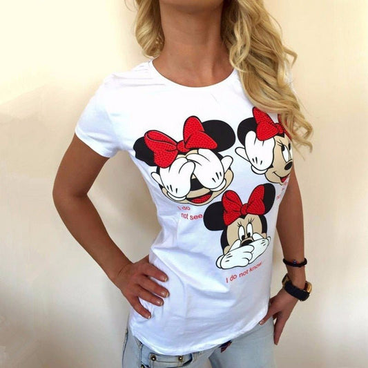 Three Mickey Mouse Print Women T shirt Cartoon Summer Top Ladies T Shirt Graphic Female Tee T-Shirt Disney Womens Clothing freeshipping - Foreverking