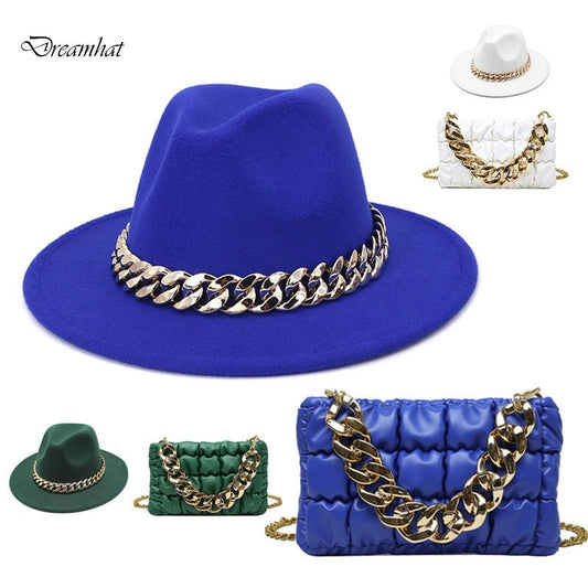 Fedora Blue Black Fedora Hat Oversized Chain Accessory Bag Hat For Women Fashion Luxury New Hat Latest Chain Two-piece Set шапка freeshipping - Foreverking