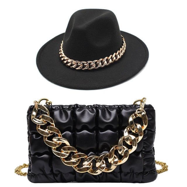 Fedora Blue Black Fedora Hat Oversized Chain Accessory Bag Hat For Women Fashion Luxury New Hat Latest Chain Two-piece Set шапка freeshipping - Foreverking