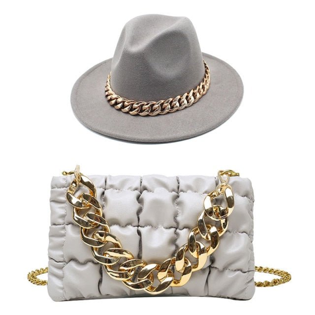 Fedora Blue Black Fedora Hat Oversized Chain Accessory Bag Hat For Women Fashion Luxury New Hat Latest Chain Two-piece Set шапка freeshipping - Foreverking