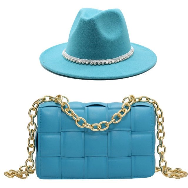 Fedora Blue Black Fedora Hat Oversized Chain Accessory Bag Hat For Women Fashion Luxury New Hat Latest Chain Two-piece Set шапка freeshipping - Foreverking