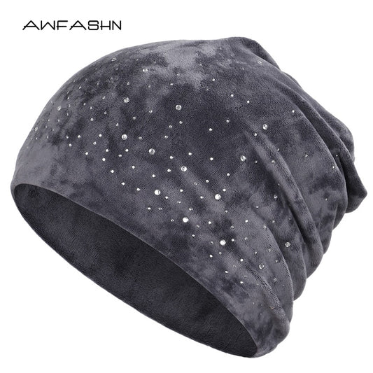 New Women Winter Fashion Shiny Rhinestone Beanie Female Casual Velvet Fabric Soft Cap Skullies Bonnet Head Hood freeshipping - Foreverking