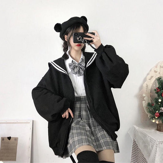 Sailor suit women hoodie Goth Skeleton Print Autumn Winter Hoodies Women Zipper Up Harajuku Sweatshirt Gothic Clothes Loose freeshipping - Foreverking