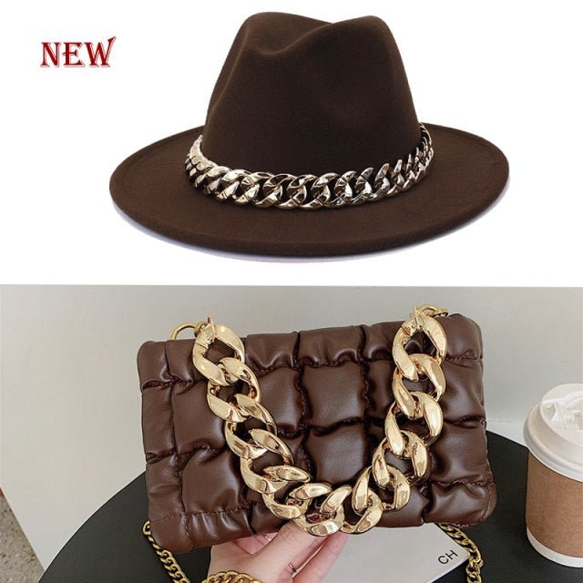 Fedora Blue Black Fedora Hat Oversized Chain Accessory Bag Hat For Women Fashion Luxury New Hat Latest Chain Two-piece Set шапка freeshipping - Foreverking