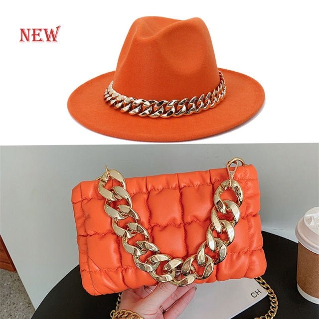 Fedora Blue Black Fedora Hat Oversized Chain Accessory Bag Hat For Women Fashion Luxury New Hat Latest Chain Two-piece Set шапка freeshipping - Foreverking