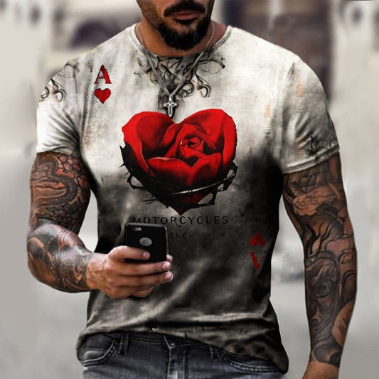 New Men&#39;s T-Shirt Summer 3D Red Rose Printing Short-Sleeved Oversized Personality Fashion Stitching Pattern T-Shirt For Man freeshipping - Foreverking