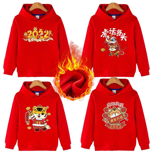 2022 New Year Children&#39;s Red Hoodie Sweater Boys and Girls Years of The Zodiac Tiger Pattern Cartoon Silver Fox Velvet Hoodie freeshipping - Foreverking