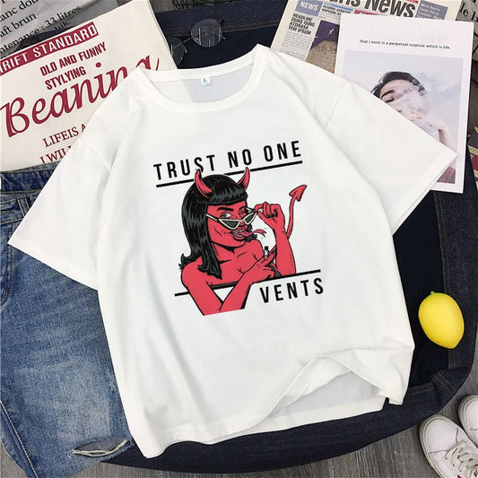 TRUST NO ONE VENTS Print T-shirt Women 2020 New Summer White O-Neck Tshirt Vintage Large Loose Tops Fashion T Shirt TRUST NO ONE VENTS Print T-shirt Women 2020 New Summer White O-Neck Tshirt Vintage Large Loose Tops Fashion T Shirt Foreverking