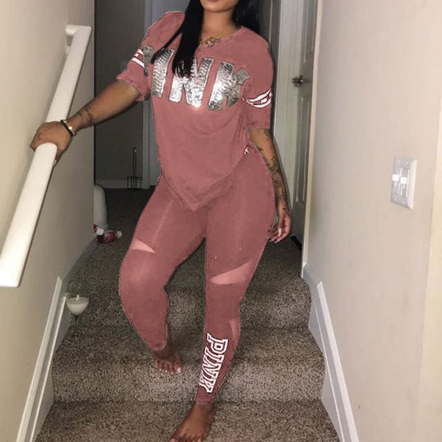 Foreverking 2022 Women Pink Letter Print Sexy Sweatsuit Plus Size TopsSkinny Pants Sweat Suit Two Piece Tracksuit Casual 2 Piece Set S-Xxxl